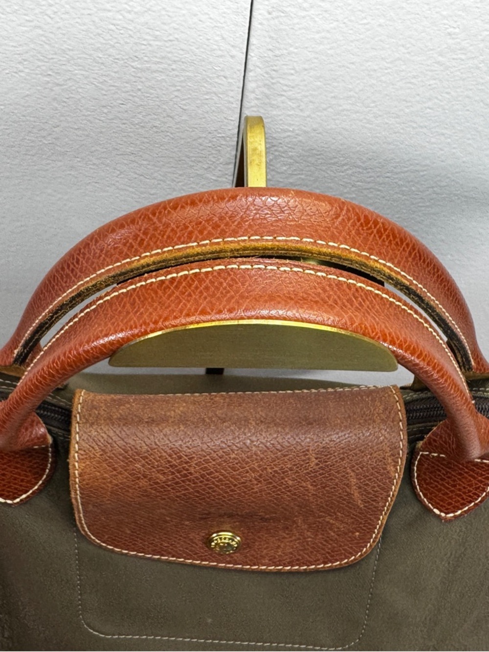 Longchamp Le Pliage Large Tote Olive Green Nylon Brown Leather Authentic - Picture 4 of 15
